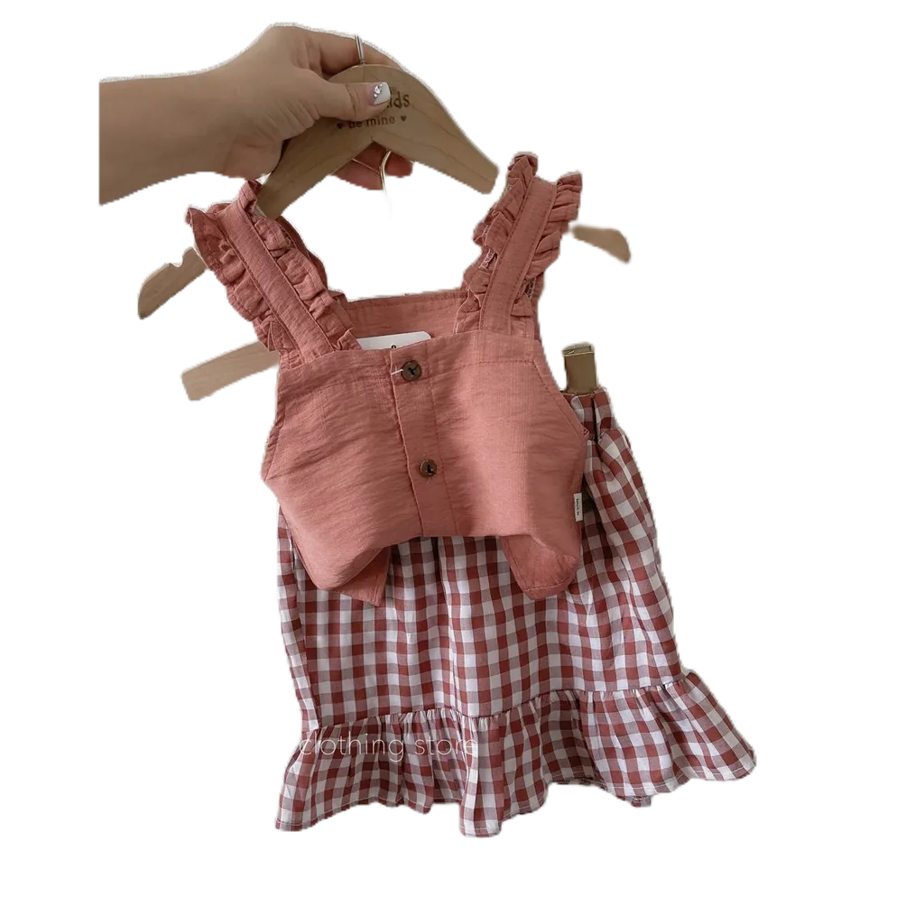 Sét váy đũi hai dây phối chân váy caro dễ thương cho bé gái từ 8-20 kg HBeekids.vn