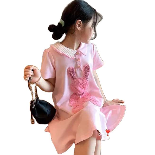 Váy Polo In Hình Thỏ Hồng Cổ Cách Điệu Cho Bé Gái