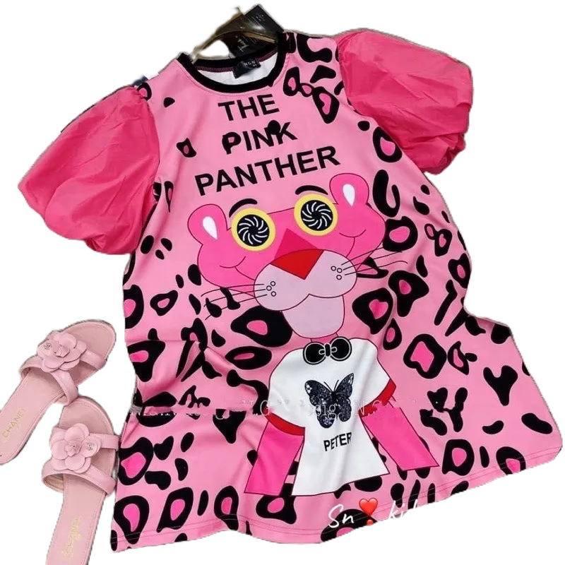 Váy Báo Hồng In Hình Chữ THE PINK PANTHER Tay Phồng HONEYBEE Cực Yêu Cho Bé Gái