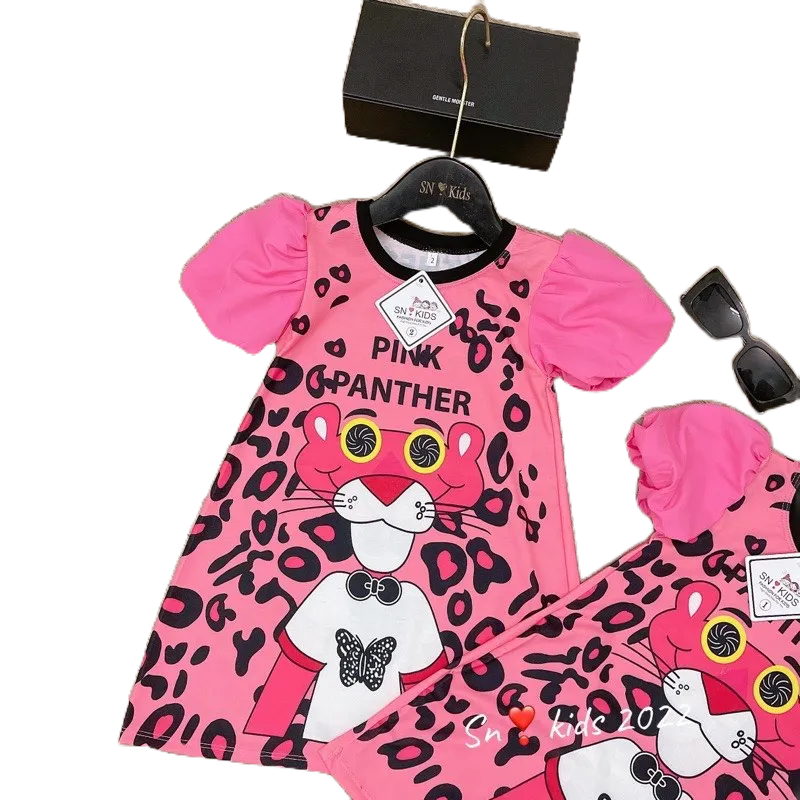 Váy Báo Hồng In Hình Chữ THE PINK PANTHER Tay Phồng HONEYBEE Cực Yêu Cho Bé Gái