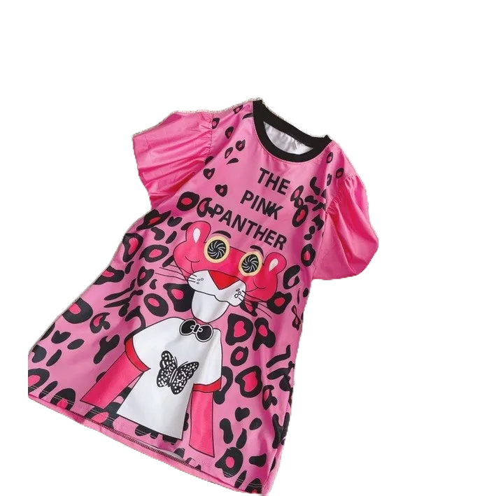 Váy Báo Hồng In Hình Chữ THE PINK PANTHER Tay Phồng HONEYBEE Cực Yêu Cho Bé Gái