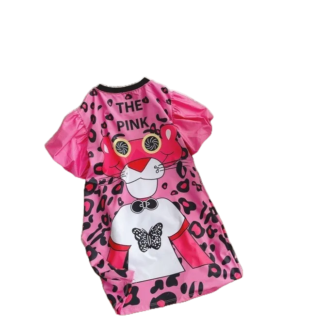 Váy Báo Hồng In Hình Chữ THE PINK PANTHER Tay Phồng HONEYBEE Cực Yêu Cho Bé Gái