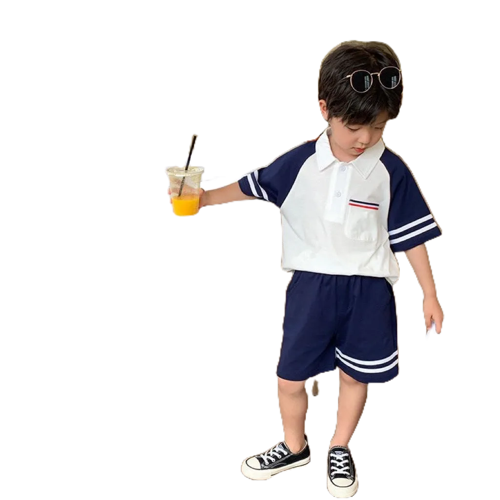 Sét bộ ngắn tay cotton cổ đức, túi trước ngực sọc ngang đen, đỏ cho bé trai Hbeekids.vn