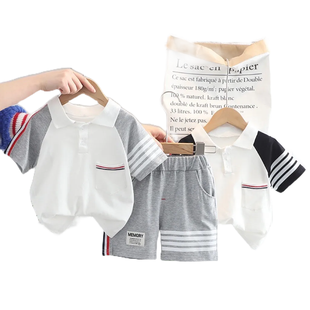 Sét bộ ngắn tay cotton cổ đức, túi trước ngực sọc ngang đen, đỏ cho bé trai Hbeekids.vn