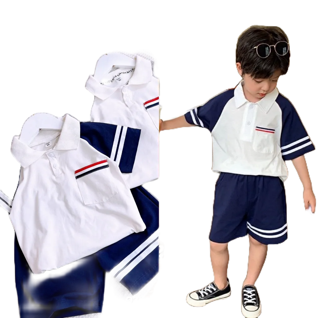 Sét bộ ngắn tay cotton cổ đức, túi trước ngực sọc ngang đen, đỏ cho bé trai Hbeekids.vn