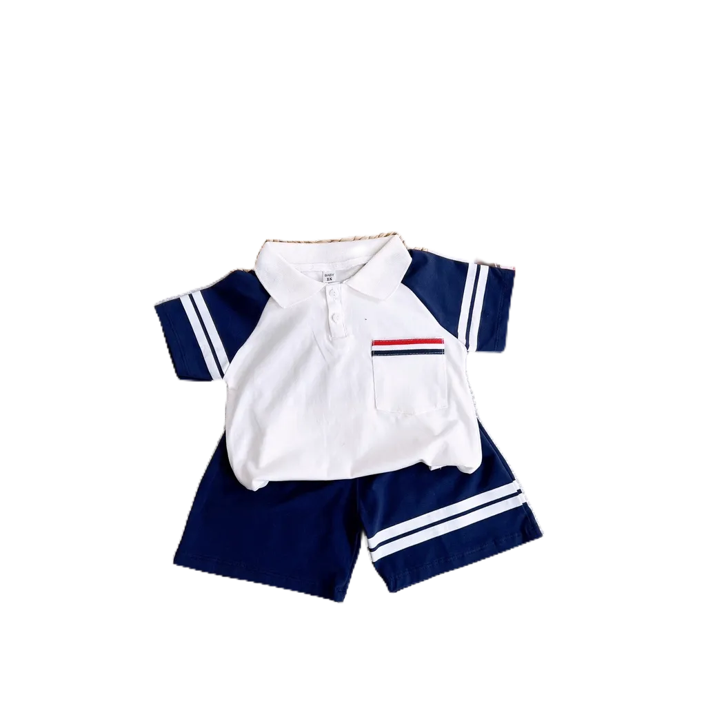 Sét bộ ngắn tay cotton cổ đức, túi trước ngực sọc ngang đen, đỏ cho bé trai Hbeekids.vn
