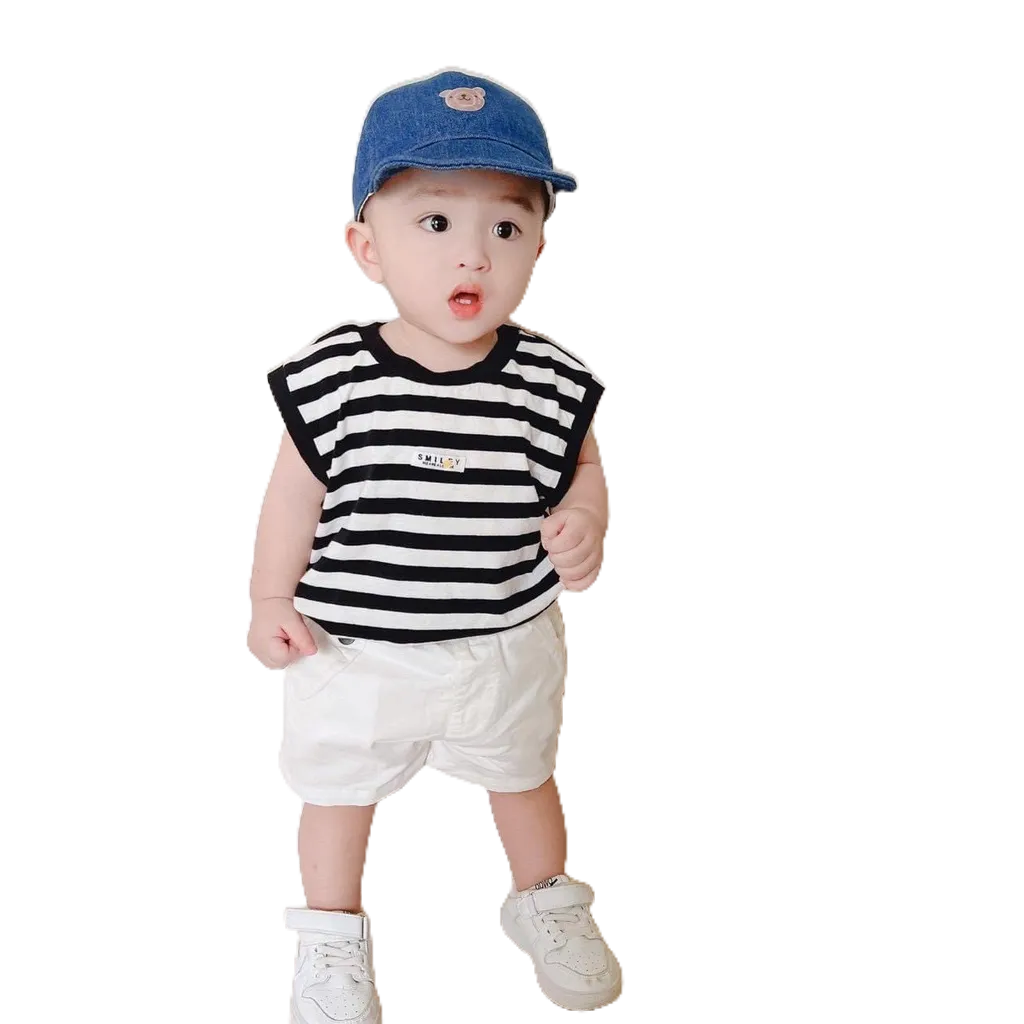 Bộ Cộc Tay Áo Cotton Kẻ Ngang Đen Phối Quần Thô Đũi Mềm HONEY BEE Siêu Hot Cho Bé Trai 10 -20kg