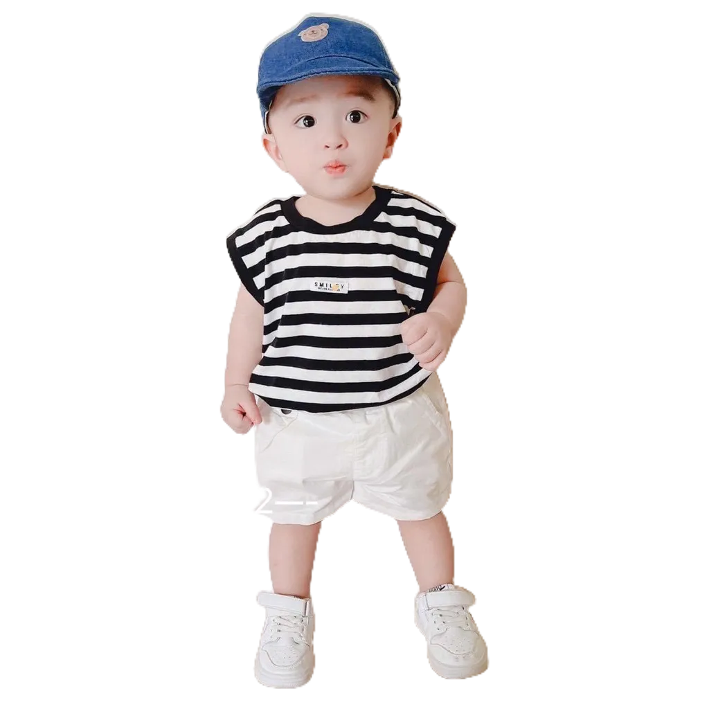Bộ Cộc Tay Áo Cotton Kẻ Ngang Đen Phối Quần Thô Đũi Mềm HONEY BEE Siêu Hot Cho Bé Trai 10 -20kg