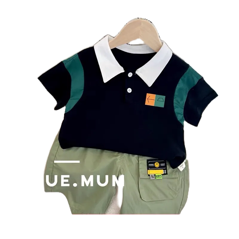 Sét Bộ Bé Trai Áo Thun Cổ Đức, Quần Đũi Cara 3 Màu Đen, Trắng, Xám Cách Điệu