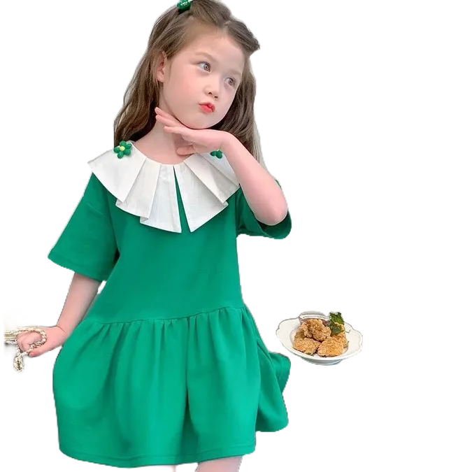 Váy Xuông 2 Tầng Cổ Bánh Bèo Đính Hoa Chất Liệu Cotton Cho Bé Diện Hè Siêu Xinh