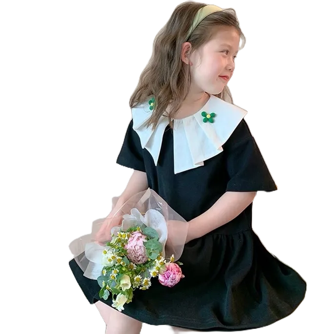 Váy Xuông 2 Tầng Cổ Bánh Bèo Đính Hoa Chất Liệu Cotton Cho Bé Diện Hè Siêu Xinh