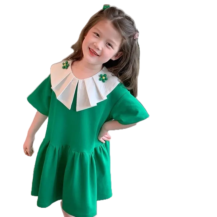 Váy Xuông 2 Tầng Cổ Bánh Bèo Đính Hoa Chất Liệu Cotton Cho Bé Diện Hè Siêu Xinh