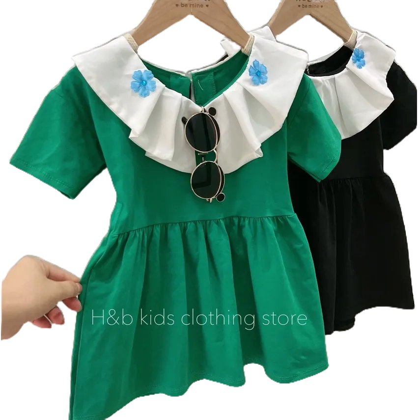 Váy Xuông 2 Tầng Cổ Bánh Bèo Đính Hoa Chất Liệu Cotton Cho Bé Diện Hè Siêu Xinh