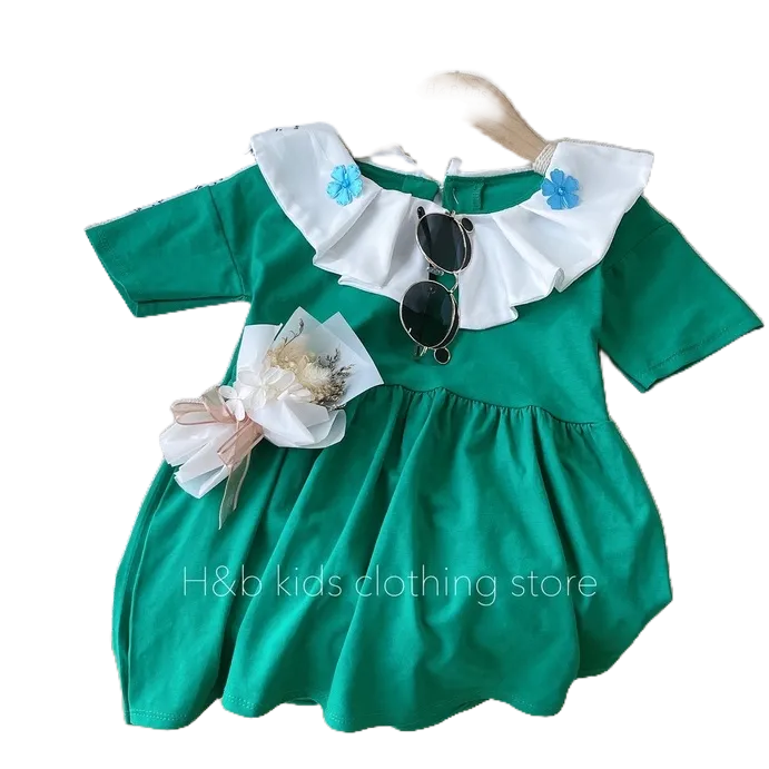 Váy Xuông 2 Tầng Cổ Bánh Bèo Đính Hoa Chất Liệu Cotton Cho Bé Diện Hè Siêu Xinh