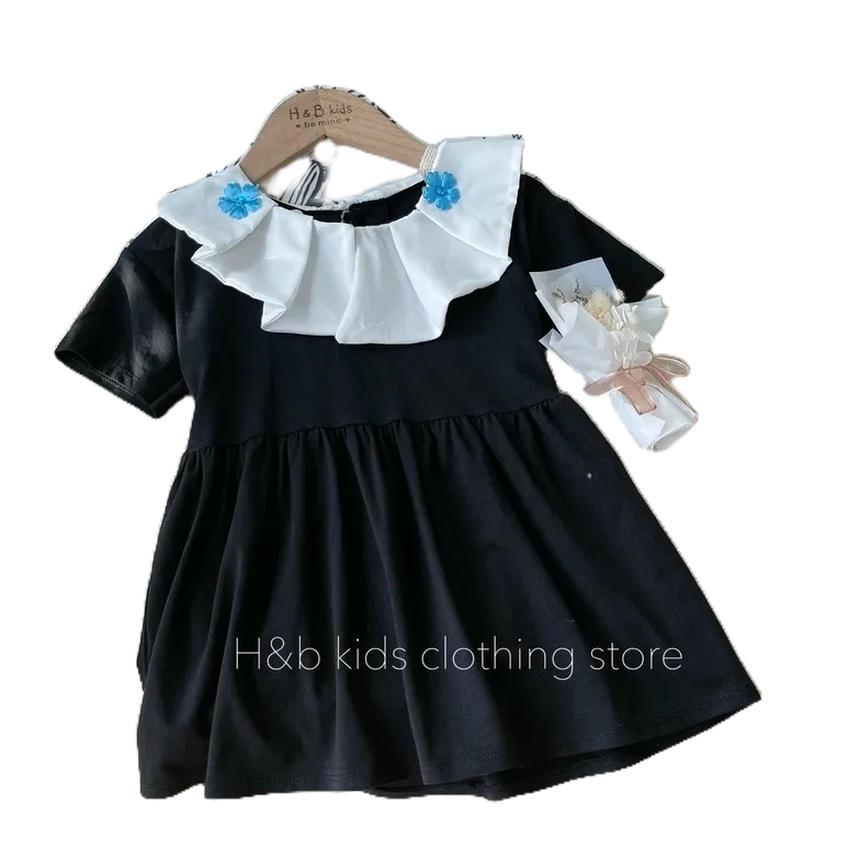 Váy Xuông 2 Tầng Cổ Bánh Bèo Đính Hoa Chất Liệu Cotton Cho Bé Diện Hè Siêu Xinh