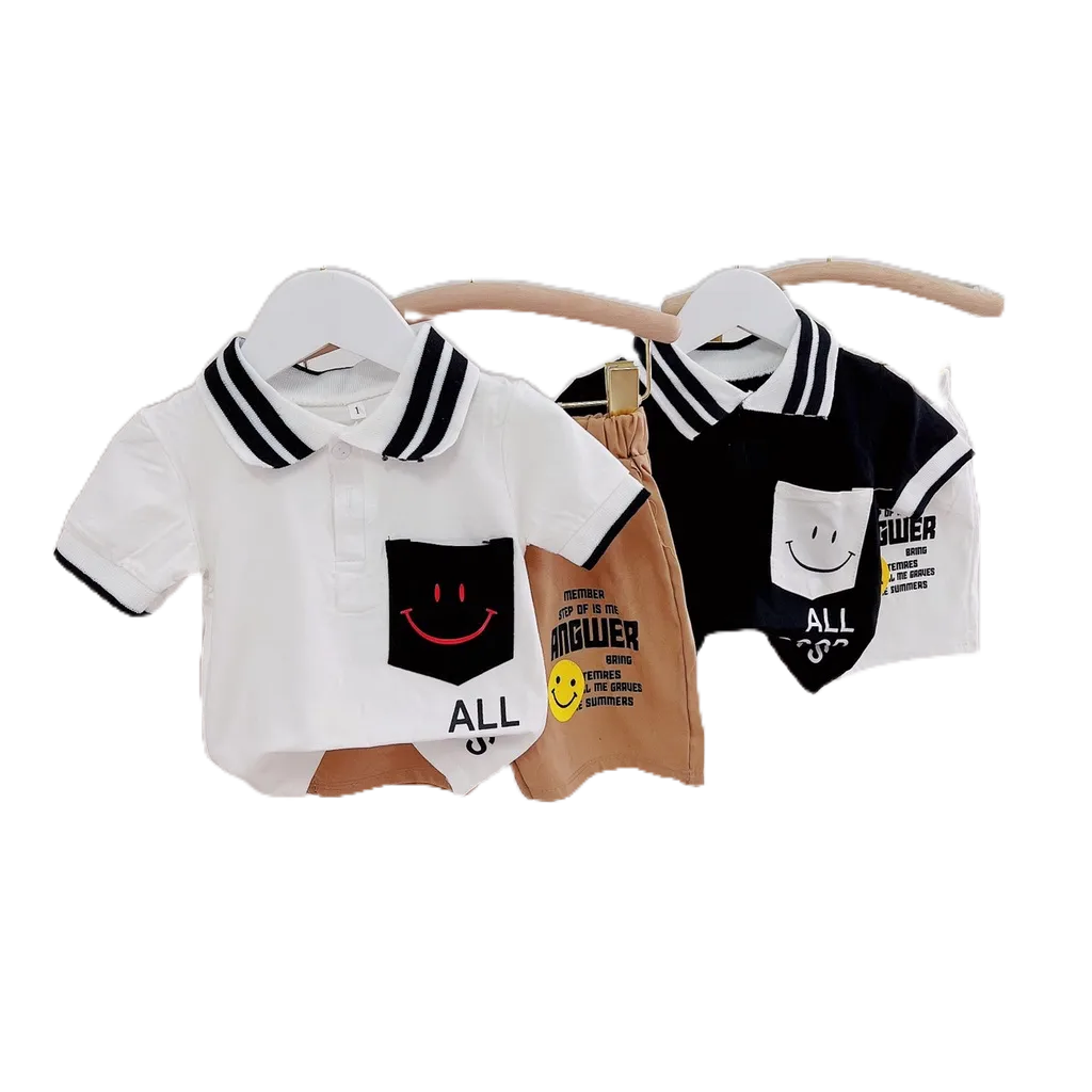 Bộ Cộc Tay Cotton Tàu, Cổ Áo Tay Áo Bo Chun In Hình Mặt Cười Phối Quần Kaki  2 Màu Cho Bé Trai Từ 10-20kg