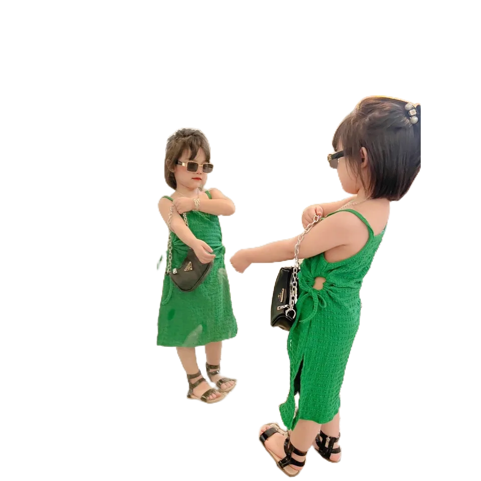 Váy  đũi xốp hai dây buộc eo xẻ tà 2 màu hồng, xanh Hit Hot cho bé gái yêu Hbeekids.vn