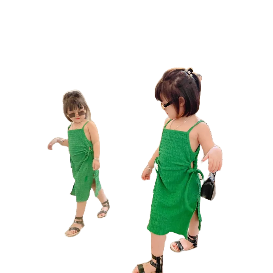 Váy  đũi xốp hai dây buộc eo xẻ tà 2 màu hồng, xanh Hit Hot cho bé gái yêu Hbeekids.vn