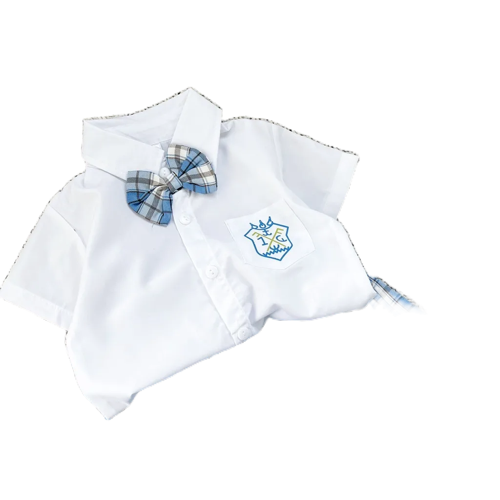 Sét Váy Áo Sơ Mi Nơ Cổ Túi Ngực In Logo Phối Chân Váy Thô Họa Tiết Caro Xếp Ly Phong Cách Hàn Quốc Cho Bé Gái 10-20 kg