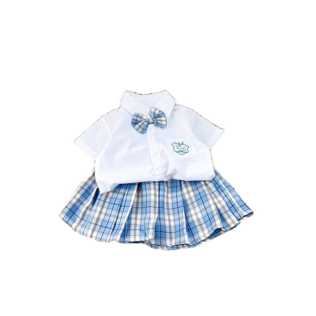 Sét Váy Áo Sơ Mi Nơ Cổ Túi Ngực In Logo Phối Chân Váy Thô Họa Tiết Caro Xếp Ly Phong Cách Hàn Quốc Cho Bé Gái 10-20 kg