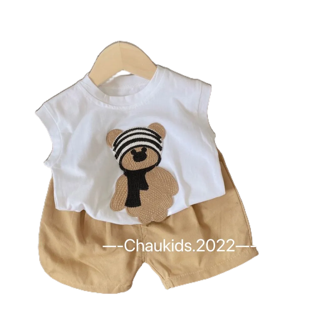 Set Bộ Áo Cotton Thêu Hình Gấu Nâu Siêu Cưng Phối Quần Kaki Cá Tính Cho Bé Trai Từ 10-20kg