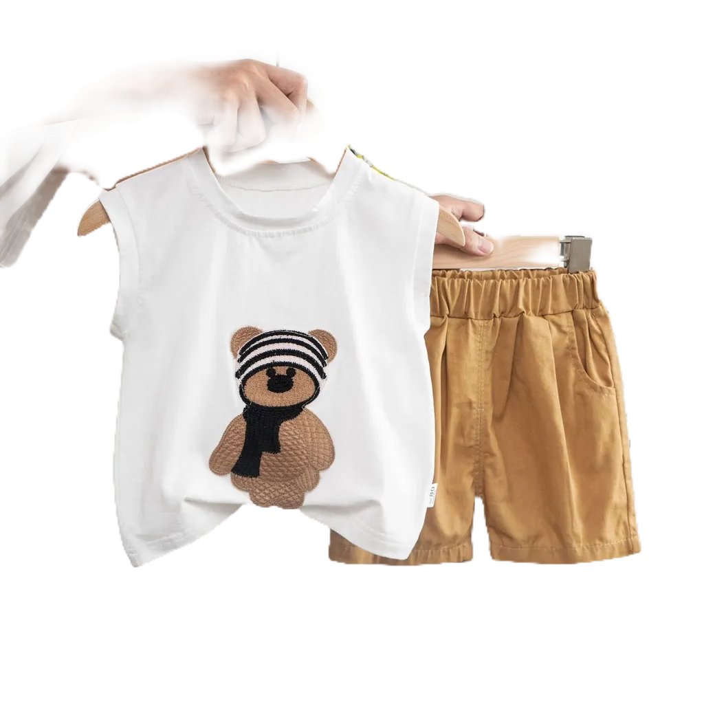 Set Bộ Áo Cotton Thêu Hình Gấu Nâu Siêu Cưng Phối Quần Kaki Cá Tính Cho Bé Trai Từ 10-20kg
