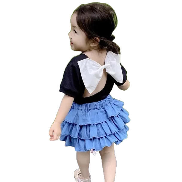 Váy bé gái, Set áo đen nơ ngực, chân váy đũi cara 3 tầng xinh xắn cho bé 8-20kg