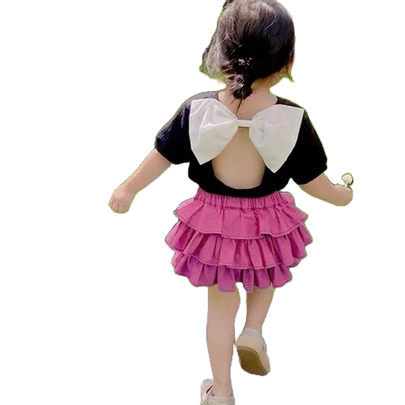 Váy bé gái, Set áo đen nơ ngực, chân váy đũi cara 3 tầng xinh xắn cho bé 8-20kg