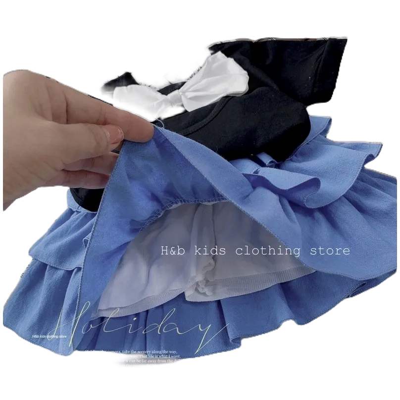 Váy bé gái, Set áo đen nơ ngực, chân váy đũi cara 3 tầng xinh xắn cho bé 8-20kg