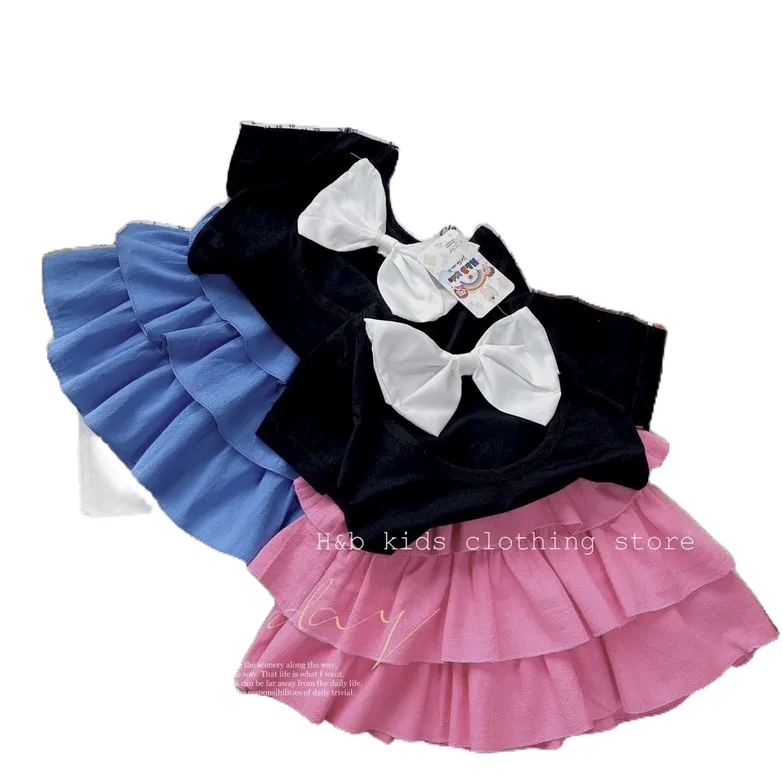 Váy bé gái, Set áo đen nơ ngực, chân váy đũi cara 3 tầng xinh xắn cho bé 8-20kg