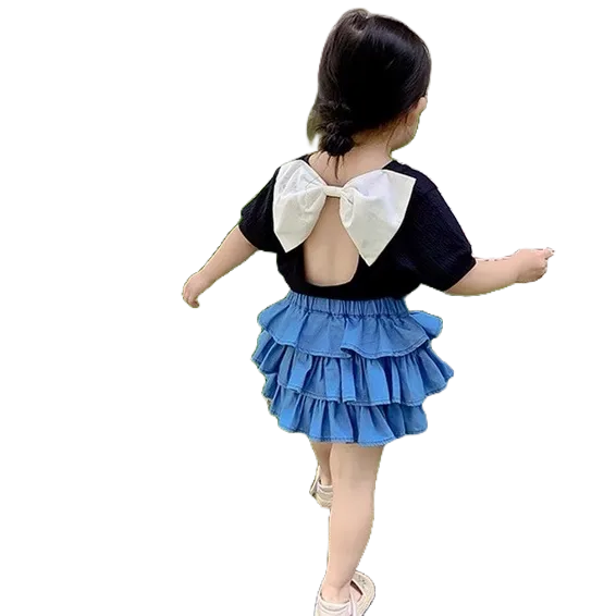 Váy bé gái, Set áo đen nơ ngực, chân váy đũi cara 3 tầng xinh xắn cho bé 8-20kg