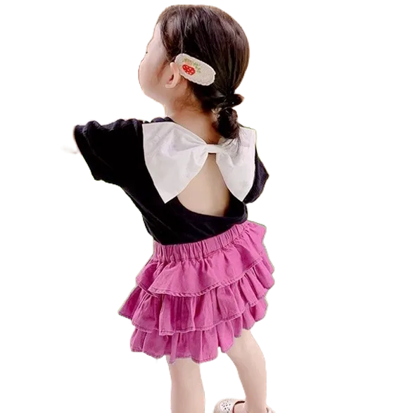 Váy bé gái, Set áo đen nơ ngực, chân váy đũi cara 3 tầng xinh xắn cho bé 8-20kg