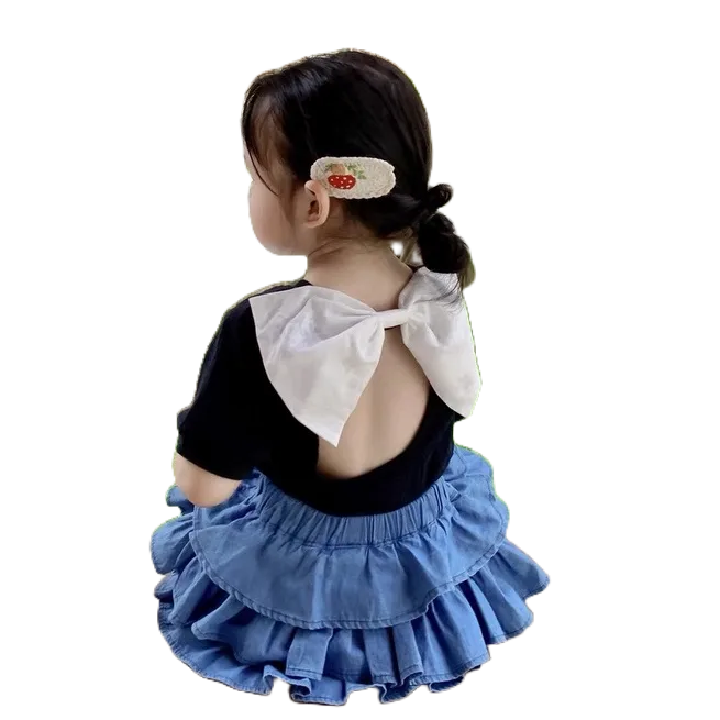 Váy bé gái, Set áo đen nơ ngực, chân váy đũi cara 3 tầng xinh xắn cho bé 8-20kg