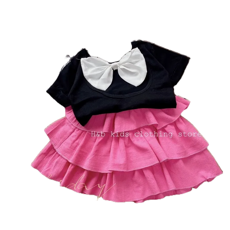 Váy bé gái, Set áo đen nơ ngực, chân váy đũi cara 3 tầng xinh xắn cho bé 8-20kg