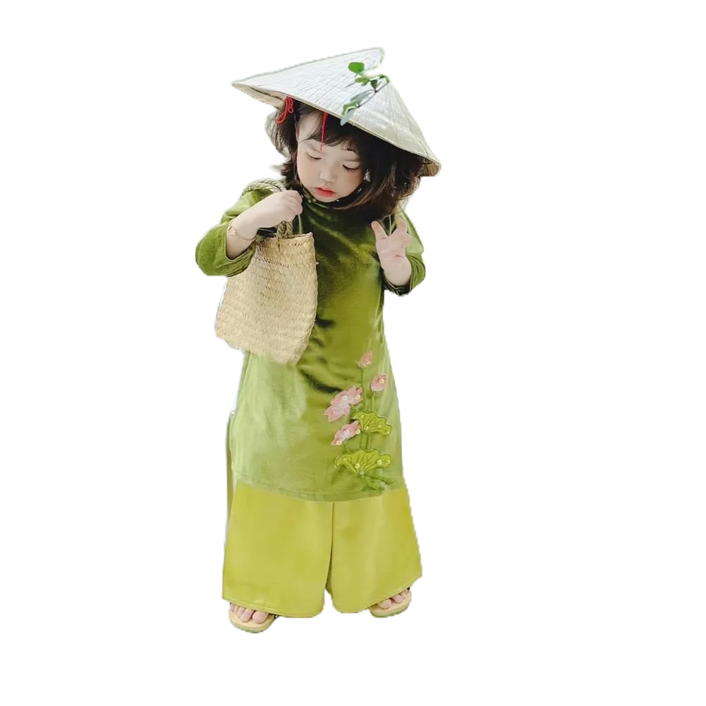 Sét Áo Dài Tết Cách Tân HONEY BEE Chất Liệu Nhung Mềm 3 Màu Cho Bé Gái Từ 10 - 25kg