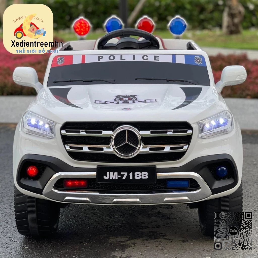 Ô tô điện MERCEDES JM 7188 POLICE ghế nệm da bánh cao su (Đỏ-Trắng)