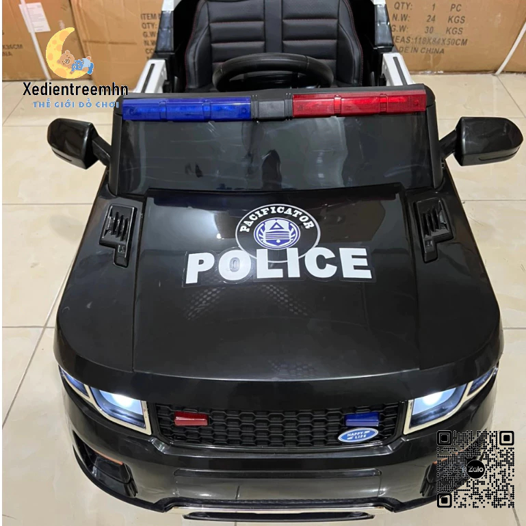 Ô Tô Điện Cảnh Sát BBH 021 Ghế Da Bánh Cao Su, Còi Hú, Bộ Đàm Cho Bé 1-5 Tuổi