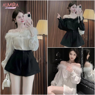 Áo sơ mi trễ vai phối lông vai tiểu thư xinh