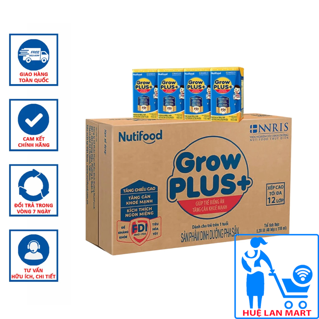 Sữa Bột Pha Sẵn Nutifood Grow Plus+ Xanh Hương Vani Thùng 48 Hộp x 110ml