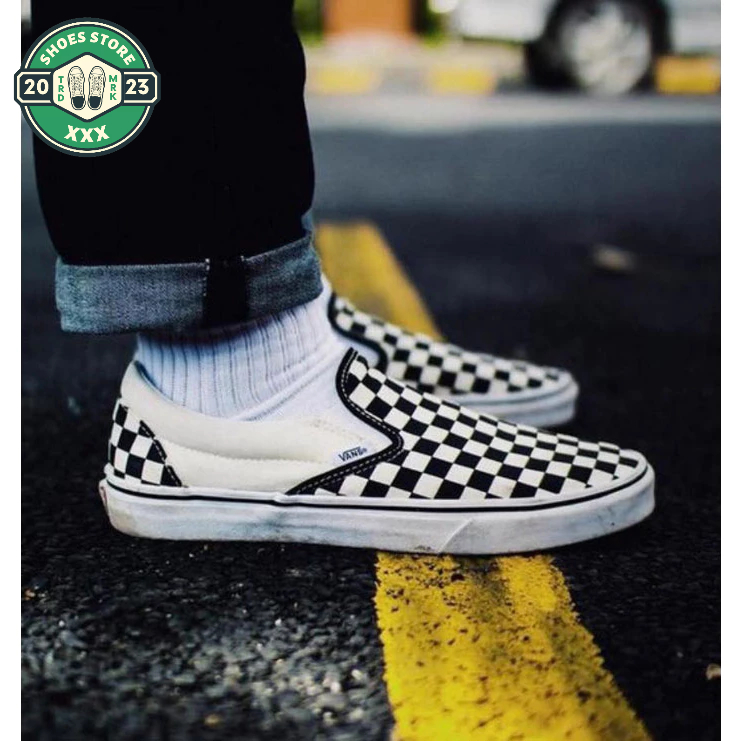 Giày Vans Old Skool đen, Giày lười caro slipon đen trắng hàng siêu đẹp cao cấp