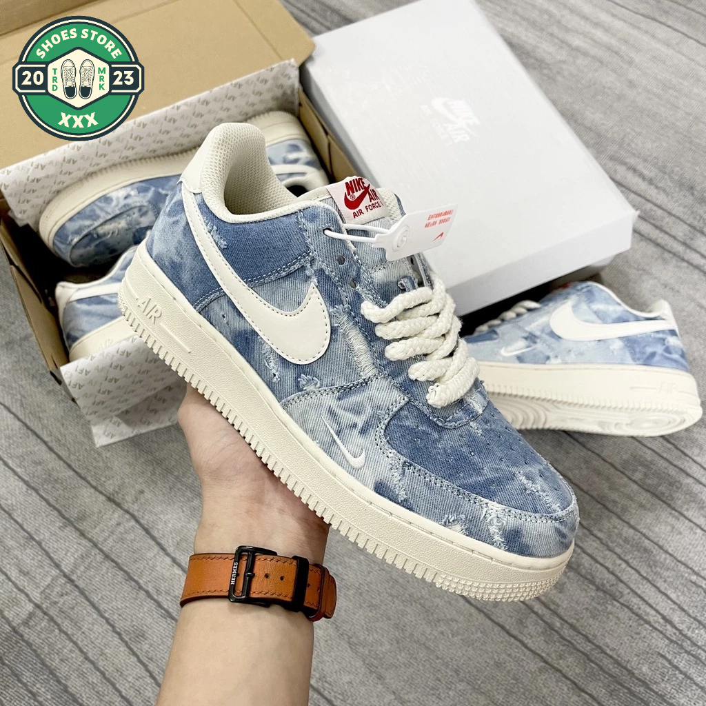 Giày AF1 Dây Thừng Vải Bò, Giày Thể Thao AF1 Denim tye die xanh loang hot trend