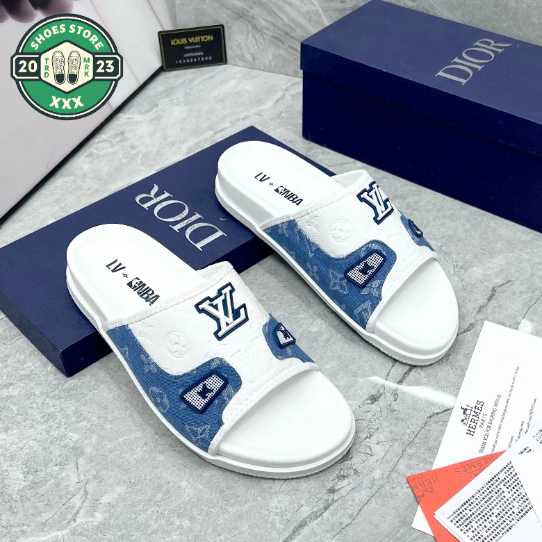 Dép quai ngang nam LV_Dép lê nam LV cao su phối quai da siêu hot trend Full box