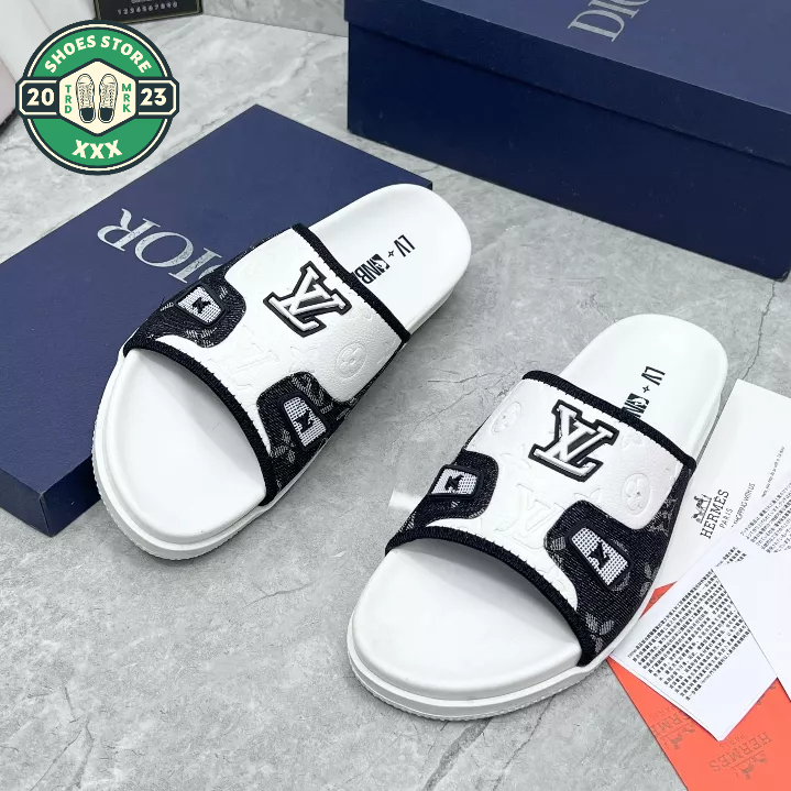 Dép quai ngang nam LV_Dép lê nam LV cao su phối quai da siêu hot trend Full box