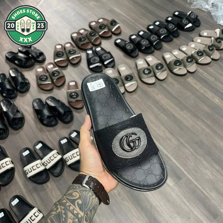 Dép quai ngang Gucci_Dép lê nam Gc đế họa tiết logo chìm cao cấp bản đẹp 2023 Full Box