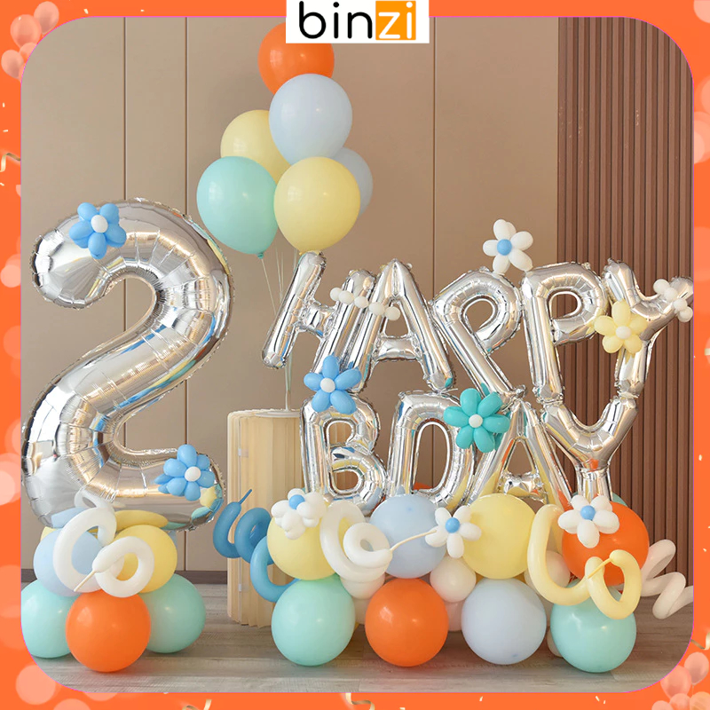 Set bóng bay trang trí sinh nhật cho bé trai bé gái tông xuân Hàn Quốc kèm số tuổi tặng kèm bơm băng dính TXHQ