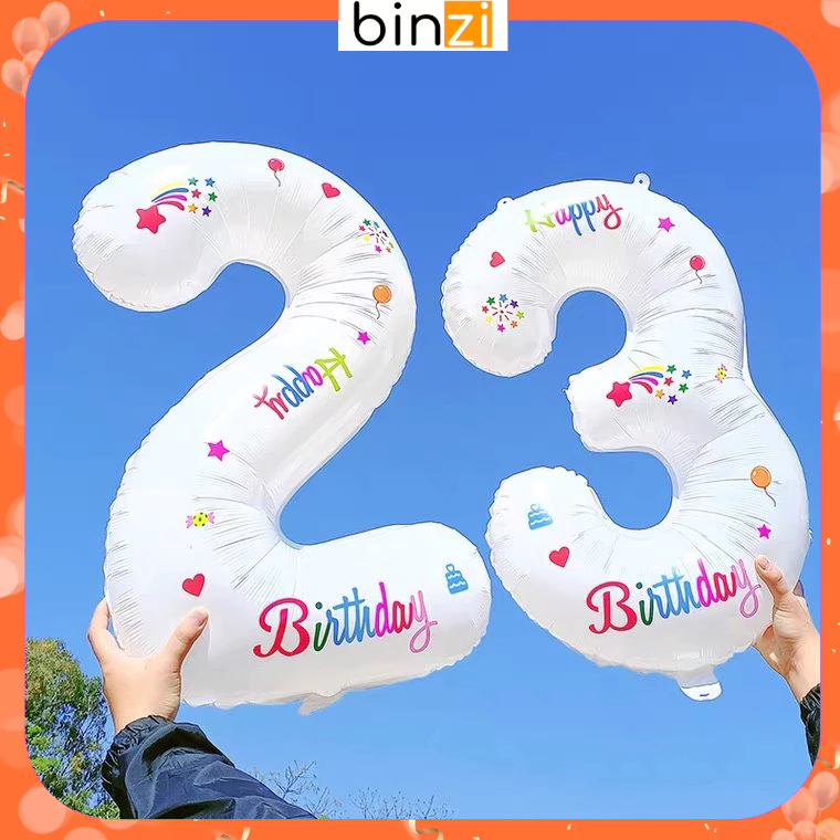Bóng số trắng kèm Sticker họa tiết Happy birthday Hottrend