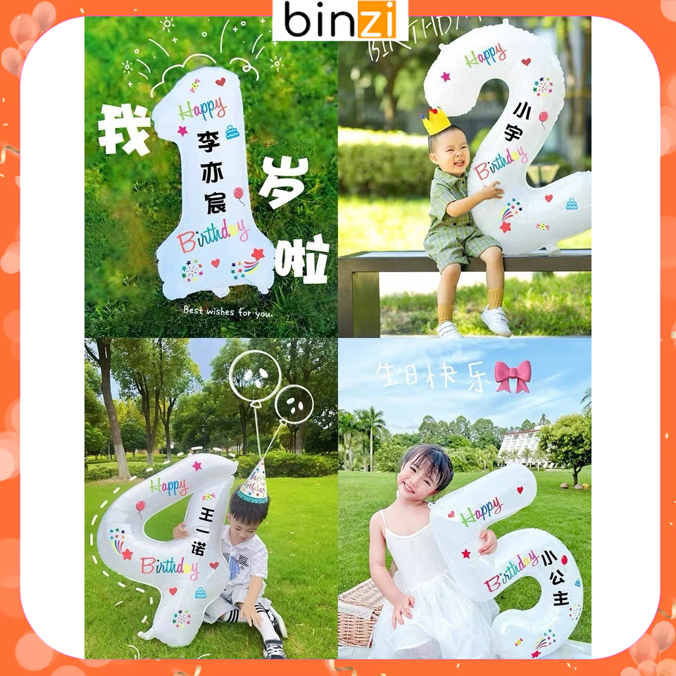 Bóng số trắng kèm Sticker họa tiết Happy birthday Hottrend