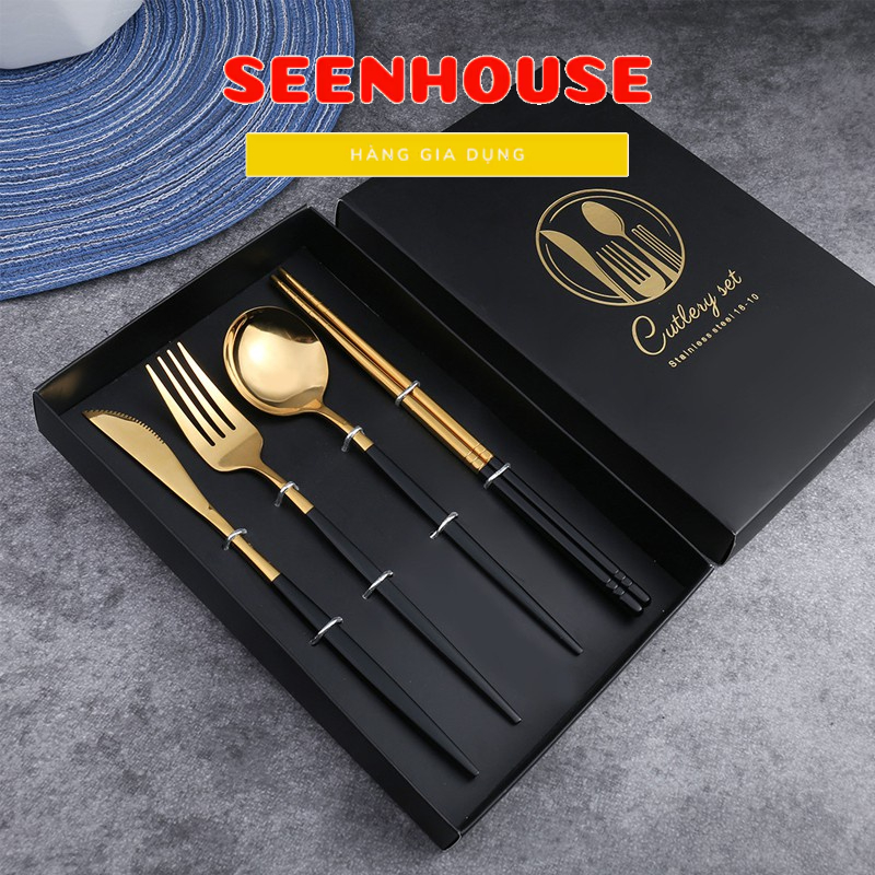 Set 4 món dao, dĩa, thìa – inox mạ vàng cao cấp - phong cách hoàng gia