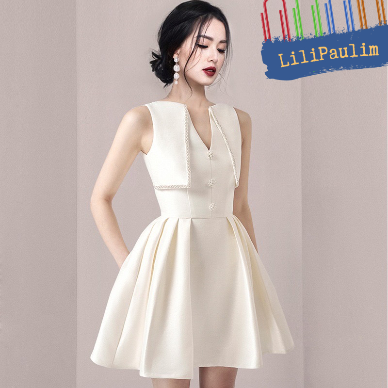 Đầm dự tiệc cổ chữ V thiết kế eo phồng tôn dáng, váy trắng ngắn form chuẩn đi đám cưới, dự tiệc sang trọng Lili-9