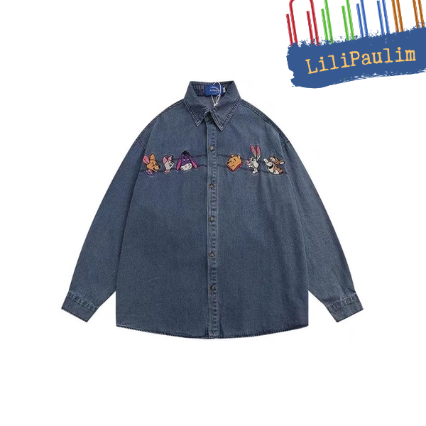 Áo Sơ Mi Bò Nữ Dài Tay Thêu Họa Tiết Gấu Hoạt Hình, áo khoác jean form rộng cá tính đi học đi chơi